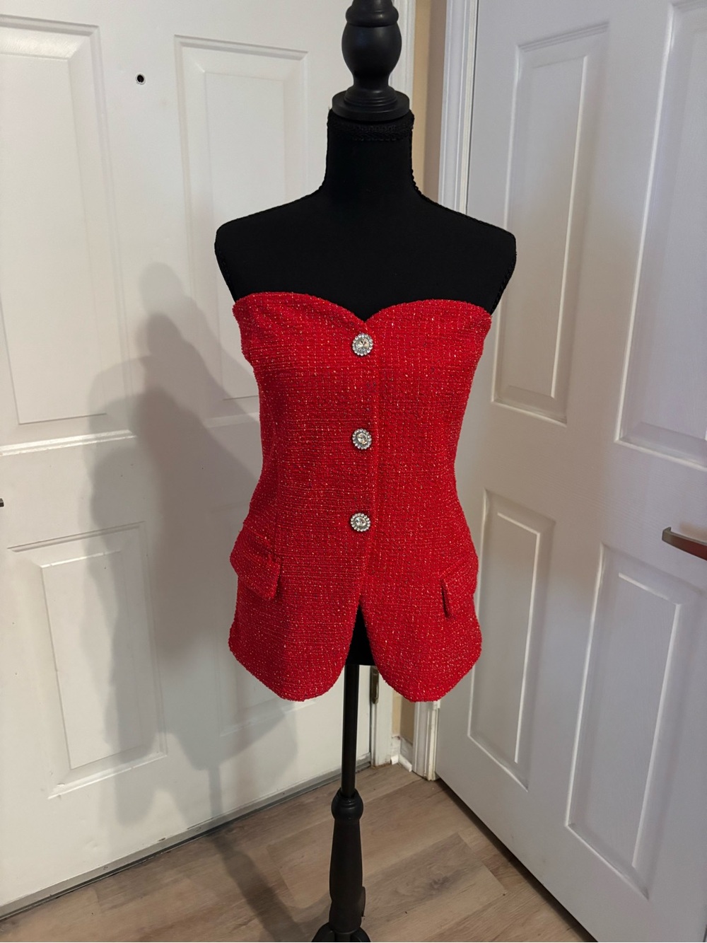 Red Beaded Strapless Bustier Top with Rhinestone Buttons